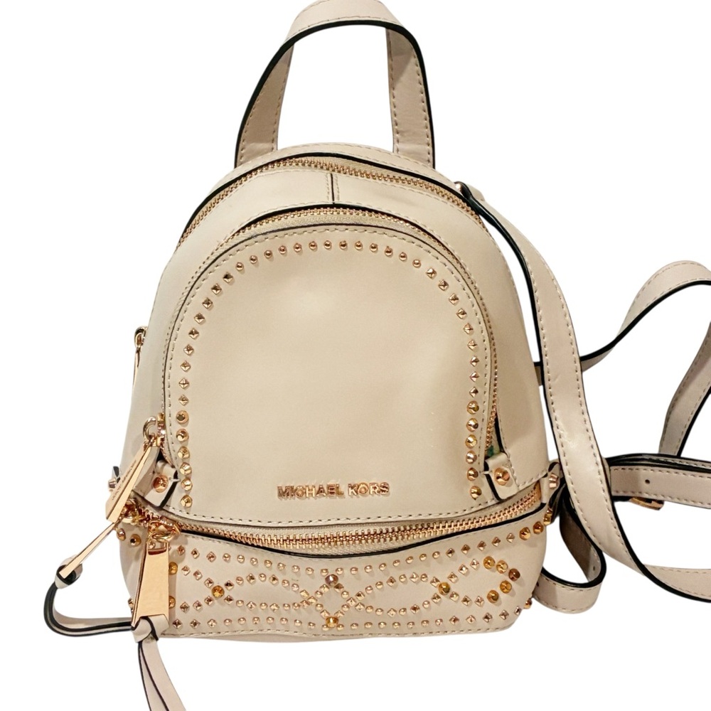 Michael Kors Rhea Mini Pink Leather Rose Gold Studded Backpack Removable Straps‎